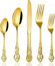 40 Pieces Gold Silverware Set for 8, Retro Royal Utensils Set Gold, Stain