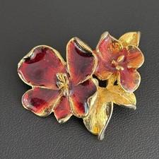 Vintage Gold Tone Burgundy Red Enamel Double Flower Brooch Pin Floral