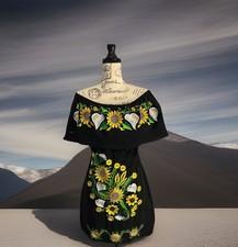 Mexican Embroidered Dress S Black Sunflower Daisy Lillies Off Shoulder Sundress