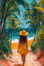 Digital Image Wall art girl on beach with palm tree for living room A-228
