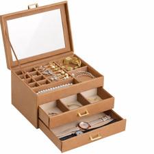 Leather Jewelry Box Organizer with Glass Lid, 3 Drawer Jewelry Storage Case