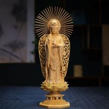 11" Solid Wood Carving Buddha Statue Nanhai Guanyin Home Living Room Decoration