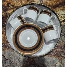 Harlequin Porcelain 4 Cup Espresso Set Real Gold and Black Circular Line White