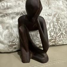 Handcrafted Modern Abstract Wood Sculpture Figure Thinking Man 9”