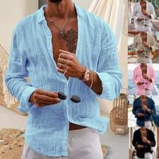 Men Long Sleeve Cotton Linen Dress Shirt⭐Casual Solid Button-up Baggy Tops