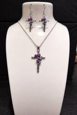 Purple Rose Cross Necklace & Earrings Set Christian Religious Jewelry Gift Her