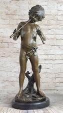 Art Deco Bronze Sculpture Dancing Faun with Flutes by B C Zhang Figurine Gift