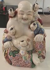 Vintage Chinese  Laughing Buddha with 5 Babies. PorcelainFigurine 9.5 inches