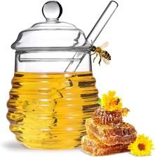 Honey Jar with Dipper and Lid,Glass Honey Pot Container Dispenser,Clear Glass 