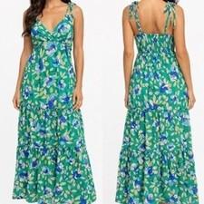 Monteau Los Angeles Green Floral Tiered Maxi Dress Small Tie Strap Smocked Back