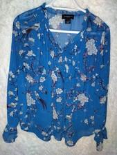Liz Claiborne Career Blue Floral Sheer Blouse Ruffle Neck Women's Small