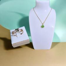Elegant Green Gemstone Necklace & Ring Set – Gold Tone – US Size 7 – 20.25 cm