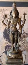 Vintage Hindu Statue, Lord Vishnu 4 Arm 28 Inch Tall Standing Bronze Statue