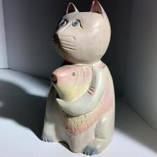 Vintage Hand Carved Solid Wood Cat Holding Fish Sculpture Figurine Thailand