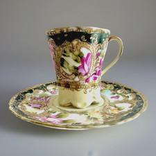 Rare Footed Demitasse Cup Saucer Gold Gilt Floral Porcelain c1900, Impress Mark