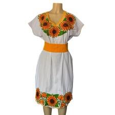 Artisan Handmade White Mexican Embroidered Dress Sunflowers & Belt 
