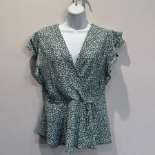 NWT monteau Los Angeles Women's Sage Green Floral Faux Wrap Peplum Top Size XL