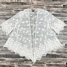 Torrid Womens sz 0 Scallop Mesh Kimono Embroidered Open Front in Cloud Dancer
