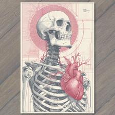 Art Print Anatomical Skeleton Holding Heart Red Halo Medical Surreal Oddity Art