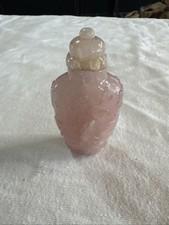Vintage Rose Quartz Snuff Bottle Carved Bird Vine Fruit Padded Brocade Box China