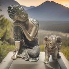 Meditating Seated Buddha Statue W/ Mirrored Glass And Elephant Statue With Glass