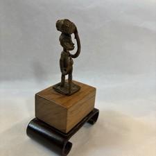 Tribal Art Man Carrying Jug Bronze On Wooden Base. Museum Replica Mini Statue