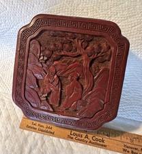 Antique Vintage Cinnabar Red Lacquer 4” Square Box Marked China - Excellent