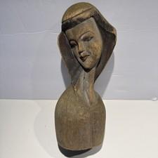 Mid-Century Hand-Carved Wood Female Bust – Stylized Folk Art Sculpture – Signed