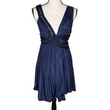 Leon Max Limited Edition Navy Silk Blnd Fit & Flare Drape Hem Dress Sz XS Party