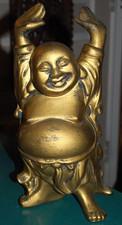 Vtg 12.5" LAUGHING BUDDHA STATUE Antiqued Gold Ceramic HANDS RAISED Beautiful