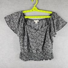 Monteau Los Angeles Shirt Womens XL Black White Floral Button Front Smocked Top