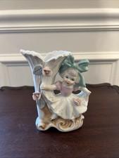 Vintage Japanese Ceramic Bud Vase Featuring Little Girl With Green Bow