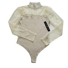NEW Almost Famous Bodysuit Ribbed Knit Sheer Dot Bodice & Sleeves Sz L Fairy