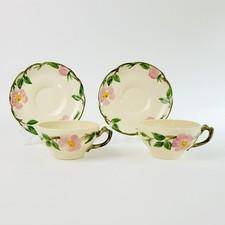Franciscan Desert Rose Cup & Saucer 2 Sets Pink Floral Hand Painted c1949-53 USA