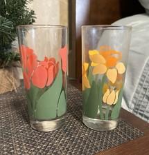 Pair Of Vintage Anchor Hocking Nina Greenhouse Collection Glass Tumblers Flowers