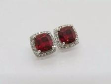 4Ct Cushion Cut Red Garnet & Diamonds Halo Stud Earrings 14K White Gold Finish