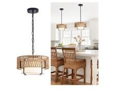 Rattan Pendant Light, 12.6" Boho Chandelier with Fabric Shade, Farmhouse