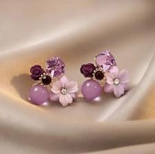 Retro Purple Pink Crystal Flower Earrings Exquisite Women Fashion Girl Gift New