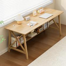 Extra Long Oak Desk with Bookshelf - 2-Person Home Office Workstation 63
