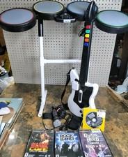 Playstation 2 PS3 PS2 Rock Band Bundle Guitar Hero Drums Wireless Guitar Tested 