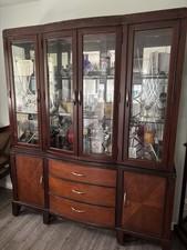 Vintage Brown Glass Fronted Wood China Cabinet with Drawers and Doors