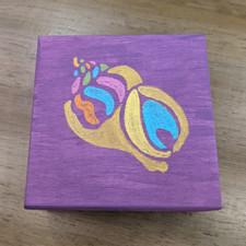 Personalized purple hand painted wooden trinket box with shell art design