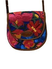 Mexican leather crossbody bag featuring vibrant floral embroidery