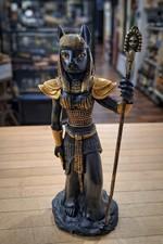 Egyptian Goddess Bastet Statue – 10.5" Black and Gold Cat-Headed Deity