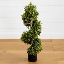 33” Topiary Boxwood Spiral Artificial Tree Natural Trunk UV Indoor/Outdoor.