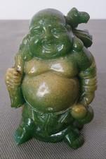 Vintage Buddha Chinese Resin Faux Jade Happy / Laughing Hands Up Lucky Figurine