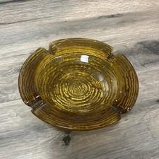 Vtg Heavy Amber Gold Glass Ashtray With Ridged Exterior 6” Diameter