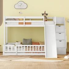 Twin Over Full Bunk Bed with Slide, Storage Staircase, Pine Solid Wooden Bunk
