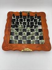 Vintage Chinese Hand Carved Jade Soapstone Chess Set Folding Wooden Case