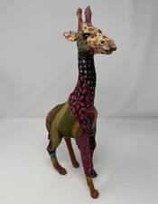 Vintage Giraffe Statue Patchwork Sari Fabric Mache Sculpture 18" Decor
